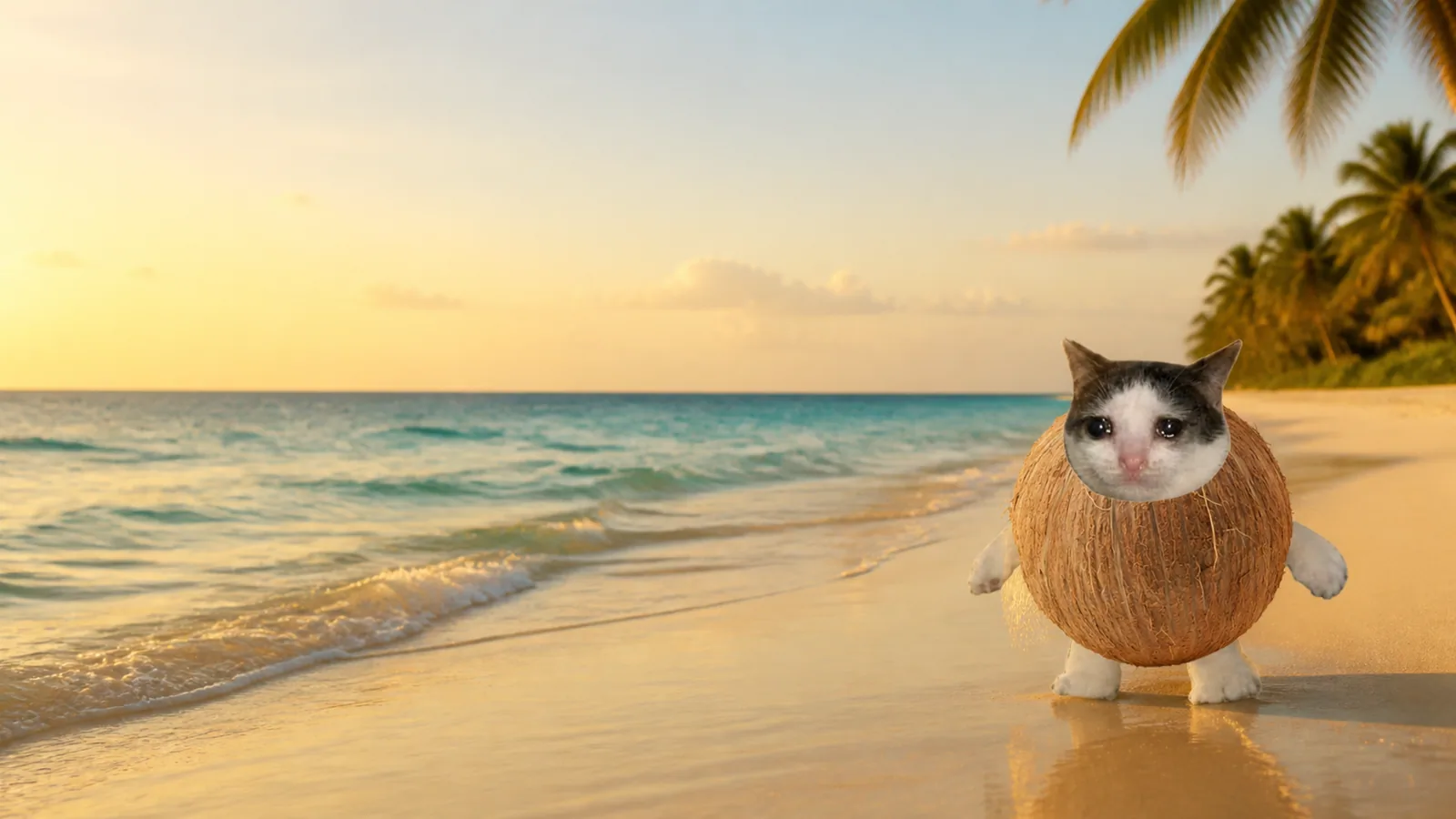 Coconut Cat standing on a tropical beach at golden hour