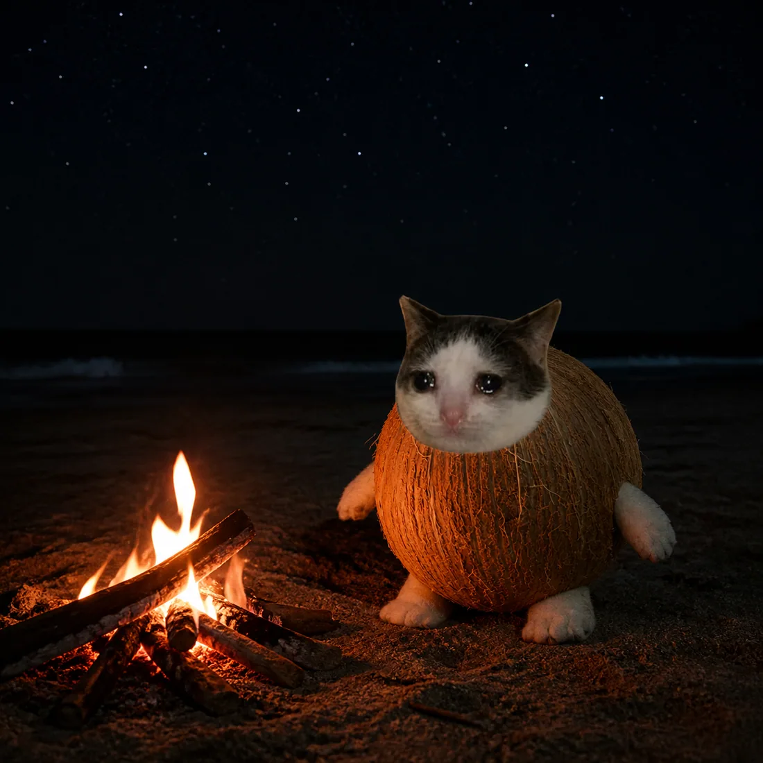 Coconut Cat sitting by a bonfire on a dark beach