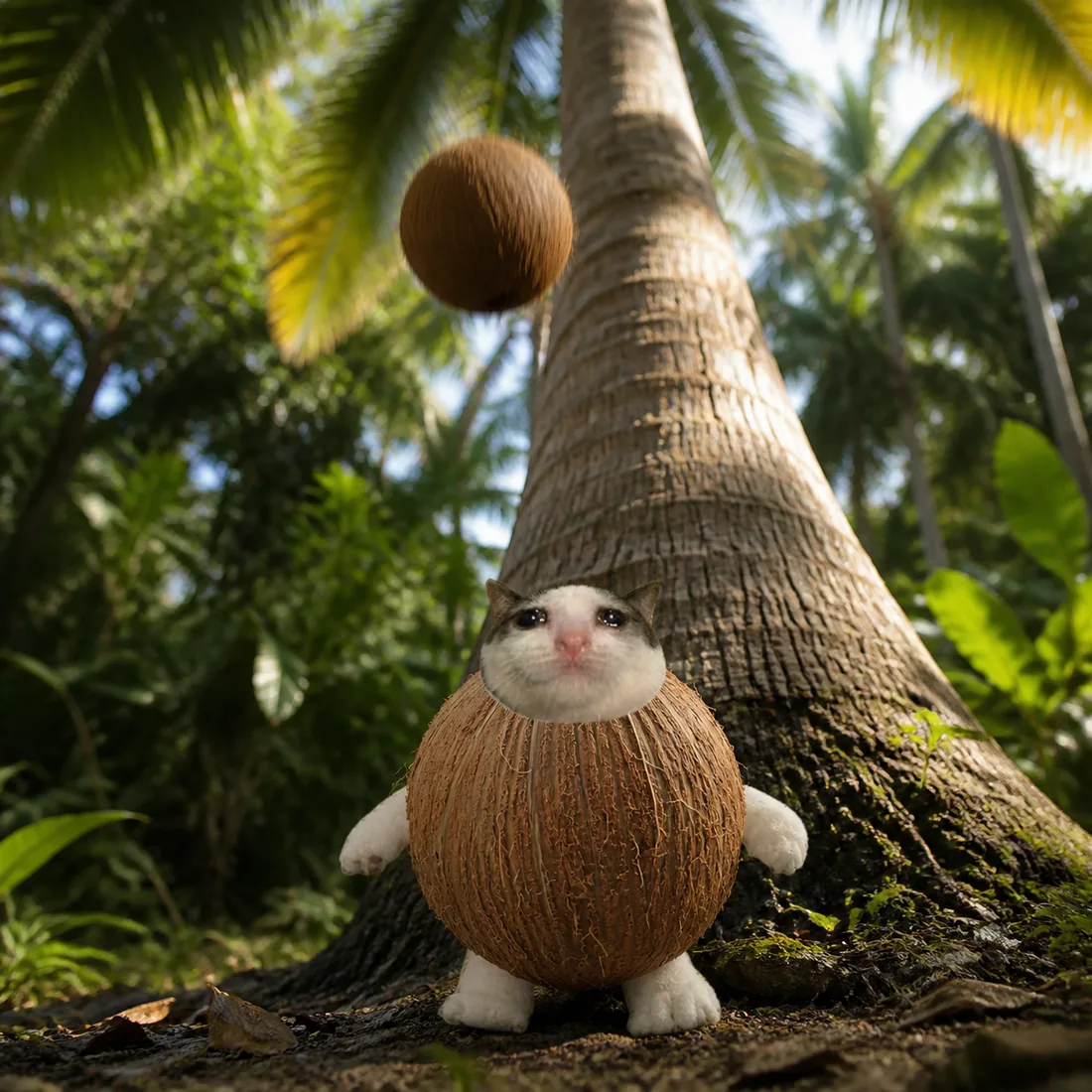 Coconut Cat under a palm tree with a coconut falling
