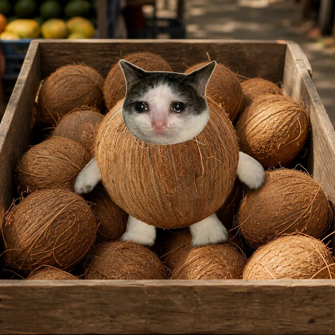 Coconut Cat hidden in a wooden crate of coconuts