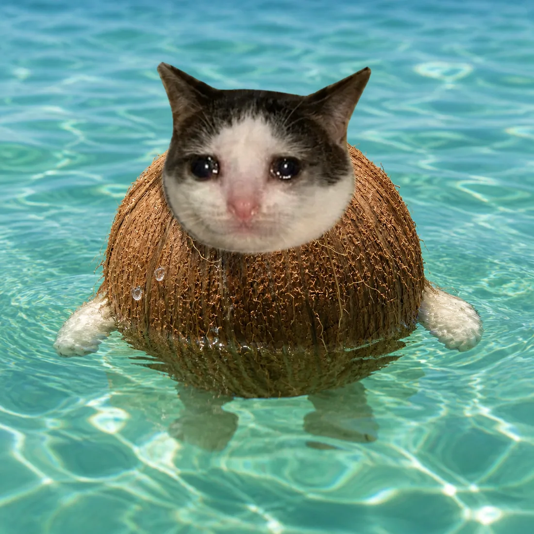 Coconut Cat floating in shallow turquoise water