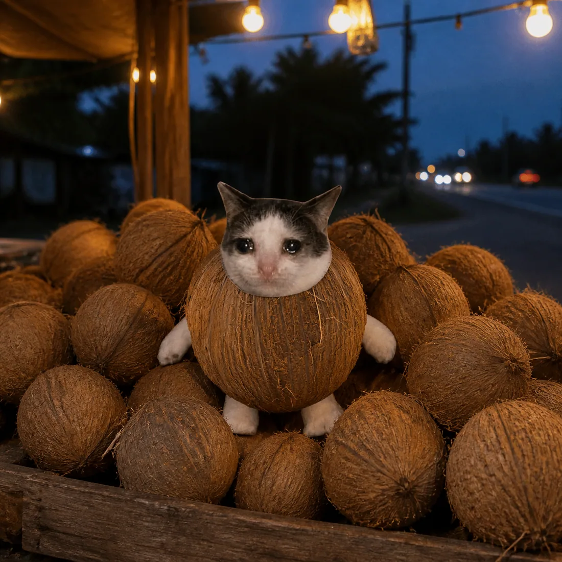 Coconut Cat sitting on a roadside coconut stall