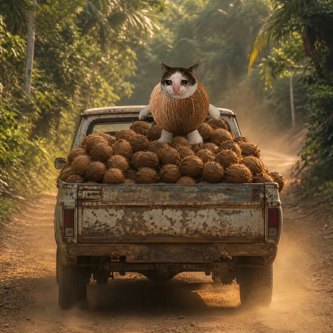 Coconut Cat riding on a pickup full of coconuts